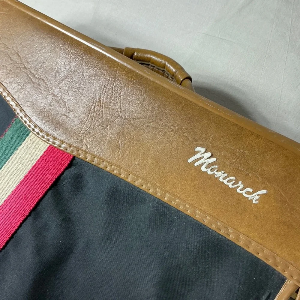 Vintage Monarch Suitcase Black Tan Stripe Damask Lined Retro Luggage Carry On